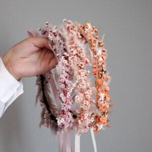 Pink Dried Flower Crown,Boho Wedding Floral Hairpiece