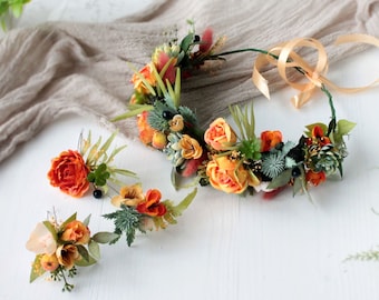 Rustic wedding crown,Orange flower crown,Orange crown of succulents,Burnt orange,Bridal flower crown,Orange boutonnieres,Wedding flowers