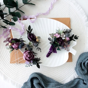 Deep Purple Floral Boutonniere: Boho Rustic Fall Wedding Accessory