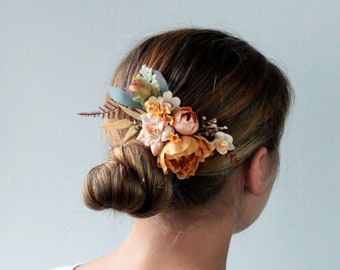 Orange flower comb,Rustic hair comb,Hair pins Pale orange,Hair comb,Fall wedding,beige-orange flower comb,Flower comb boho,