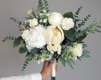 Bouquet white peony eucalyptus proteas ,White peony bouquet,Wedding flowers,Classic wedding,Gray eucalyptus bouquet,White,Cream flowers