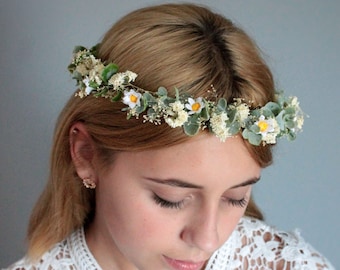 Daisy flower crown,Forest wedding,White flower crown,Dainty hair crown,Dried flower crown,Wedding hair flower,Woodland crown,Rustic crown