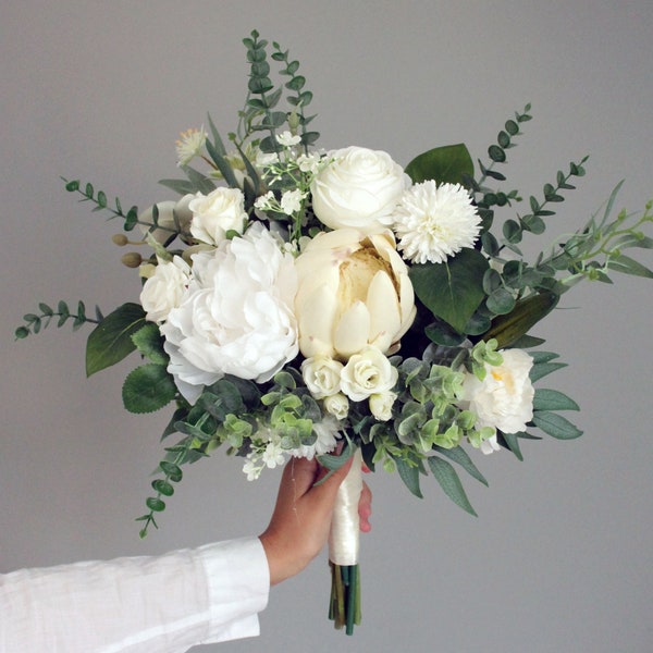 Bouquet white peony eucalyptus proteas ,White peony bouquet,Wedding flowers,Classic wedding,Gray eucalyptus bouquet,White,Cream flowers