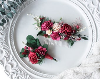 Burgundy blush comb,Floral headpiece,Bridal comb,Flower accessories,Burgundy flower comb,Burgundy wedding,Wedding flower comb,