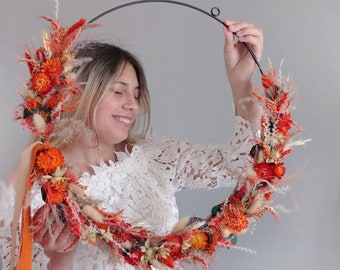 Rustic dried flowers wreath,Wall décor,Orange wreath of dried flowers,Natural hoop wreat,Dried flower wreath,Minimalist wreath,Door wreath