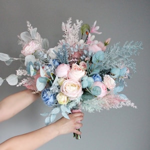 Pink Blue Wedding Bouquet,Boho Bridal Silk Flowers,Silk flowers bouquet,faux flower bouquet