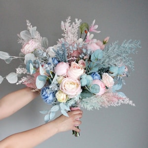 Pink blue wedding bouquet,Flowers wedding bouquet,Boho wedding bouquet,Bridal Bouquet,Bridal pink bouquet,Silk flowers bouquet,