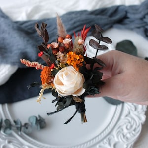 Rust & Ivory Wedding Boutonniere: Orange Mini Daisies, Eucalyptus