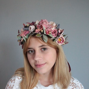 Blush pink burgundy flower crown,Boho headpiece,Bridesmaid hair flowers,Boho flower crown,Pink flower crown,Maternity crown,Burgundy wedding
