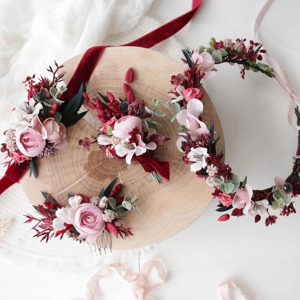 Burgundy pink flower crown,Maroon wedding,Boho wedding,Bridal flower crown,Burgundy flower comb,Wedding hair piece,Pink floral crown