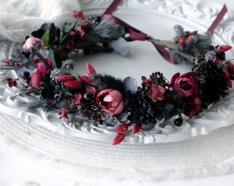 Black Burgundy Flower Crown,Halloween Wedding Headpiece