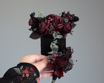 Burgundy Black Pocket Boutonniere: Gothic Wedding Groom Groomsmen