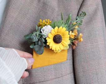 Sunflower pocket boutonniere,Field boutonniere,Groomsmen,Greenery boutonniere,Groom,Woodland wedding,Rustic boutonniere,Summer wedding