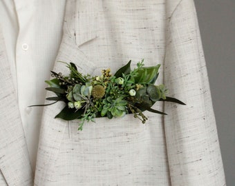 トロピカルポケットブートニア、素朴な森のウェディングアクセサリー、緑のブートニア、新郎、新郎の付添人