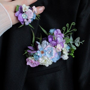 Boutonnière de poche, fleur violette mauve, boutonnière de verdure, marié, garçons d'honneur, bague à fleurs, accessoires de mariage Boho, boutonnière pour hommes image 1