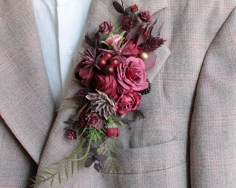 Burgundy Rose Pocket Boutonniere, Groom & Groomsmen Lapel Corsage