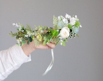 White Floral Wedding Crown,Eucalyptus Greenery, Rustic Maternity