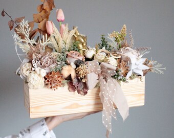 Floral Easter Table Centerpiece, Wooden Box Arrangement, Spring Home Decor with Dried Flowers