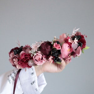 Burgundy Flower Crown: Rustic Bridal Headpiece