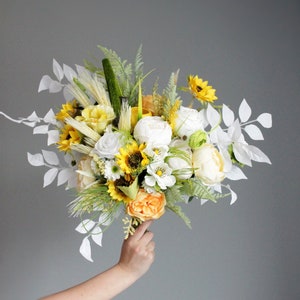Ramo de boda de girasol, flores de boda, ramo de girasol, ramo de boda, boda rústica, ramo falso, ramo de novia amarillo blanco