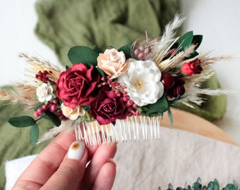 Rustic floral comb,Burgundy eucalyptus flower comb,Burgundy headpiece,Wedding hair piece,Dark red white comb,Bridal comb,Wedding accessories