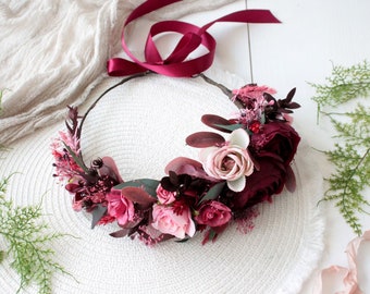 Burgundy pink flower crown,Wedding crown,Burgundy flower crown,Burgundy floral hairpiece,Maroon wedding,Boho wedding,Bridal flower crown