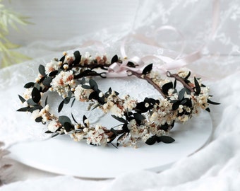 Couronne de fleurs rustique, couronne de gypsophile, couronne de mariage séchée, couronne de fleurs d'eucalyptus, couronne de fleurs vertes, couronne de cheveux de verdure, mariage romantique