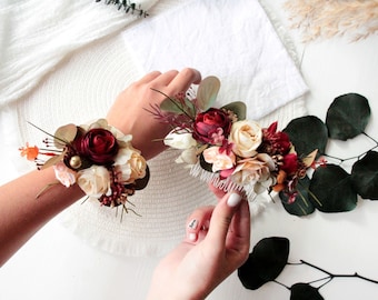 Burgundy beige flower comb,Flower comb,Wedding accessories,Fall wedding,Bridal hair piece,Burgundy headpiece,Burgundy wedding,Wedding comb