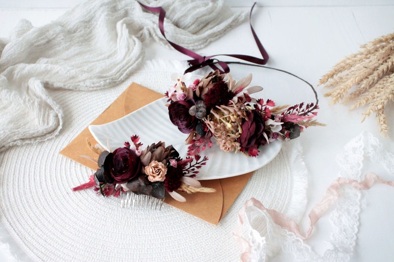 Dusty pink burgundy flower crown,Burgundy blush pink crown ,Maroon wedding,Boho wedding,Bridal flower crown, image 1