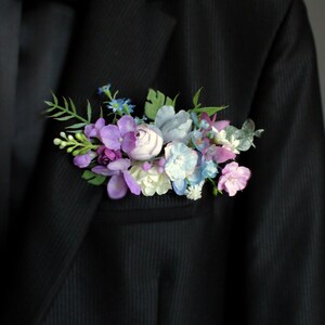 Boutonnière de poche, fleur violette mauve, boutonnière de verdure, marié, garçons d'honneur, bague à fleurs, accessoires de mariage Boho, boutonnière pour hommes image 4