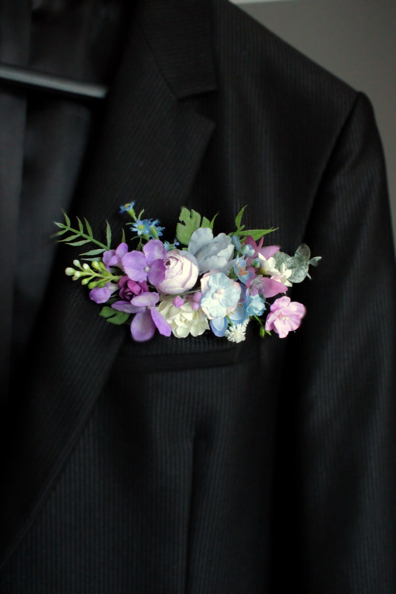 Boutonnière de poche, fleur violette mauve, boutonnière de verdure, marié, garçons d'honneur, bague à fleurs, accessoires de mariage Boho, boutonnière pour hommes image 4