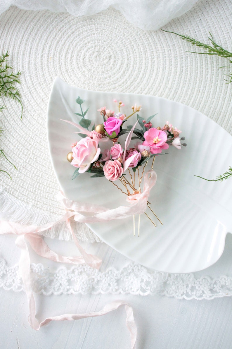 Set of 5 hair pins,Blush pink floral hair pins,Wedding Pink Flowers,Pink flower hair pins,Wedding hair pieces for bridesmaid image 4