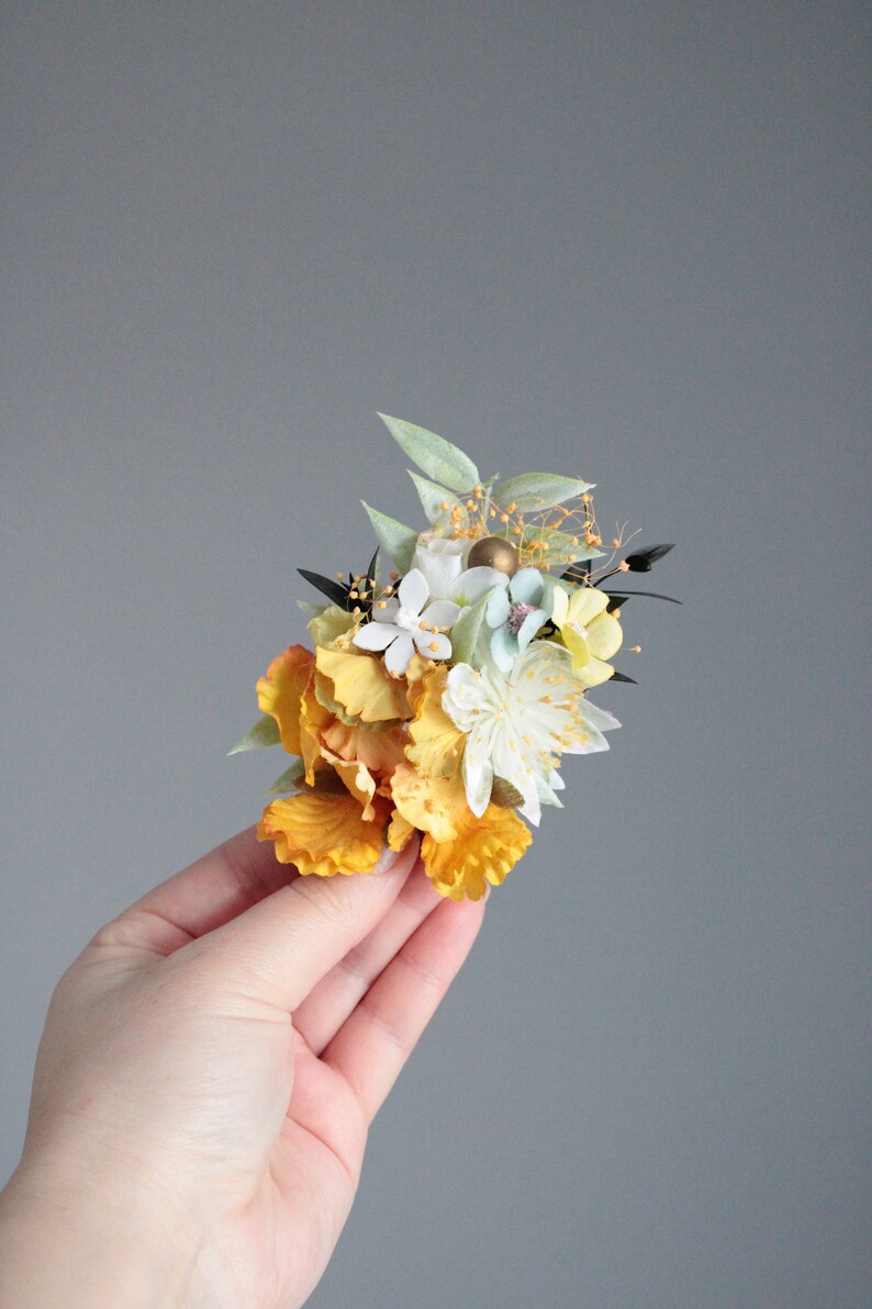 Wedding hair piece,Yellow flower pins,Yellow-blue flower pins,Wedding hair pin,Rustic wedding clip,Rustic wedding pin image 5