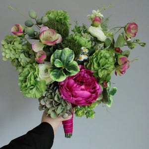 Faux Wildflower Bridal Bouquet: Bright Green & Fuchsia Summer Wedding