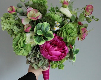 Faux Wildflower Bridal Bouquet, Bright Green Fuchsia Summer Wedding