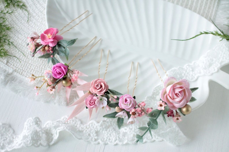 Set of 5 hair pins,Blush pink floral hair pins,Wedding Pink Flowers,Pink flower hair pins,Wedding hair pieces for bridesmaid image 10