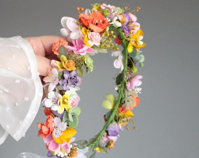 Pastel Flower Wedding Crown, Meadow Wildflower Hair Accessory