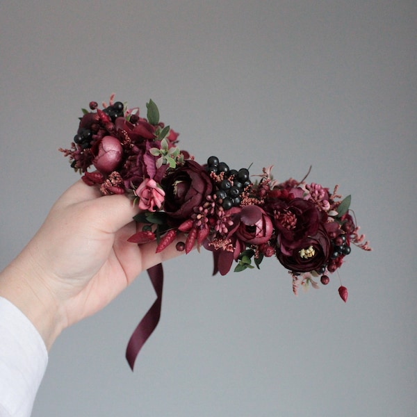 Couronne de Marsala, mariage Bourgogne, casque Bourgogne, couronne de demoiselle d'honneur, couronne de fleurs pour la mariée, accessoires de mariage, couronne de fleurs Bourgogne, couronne fille