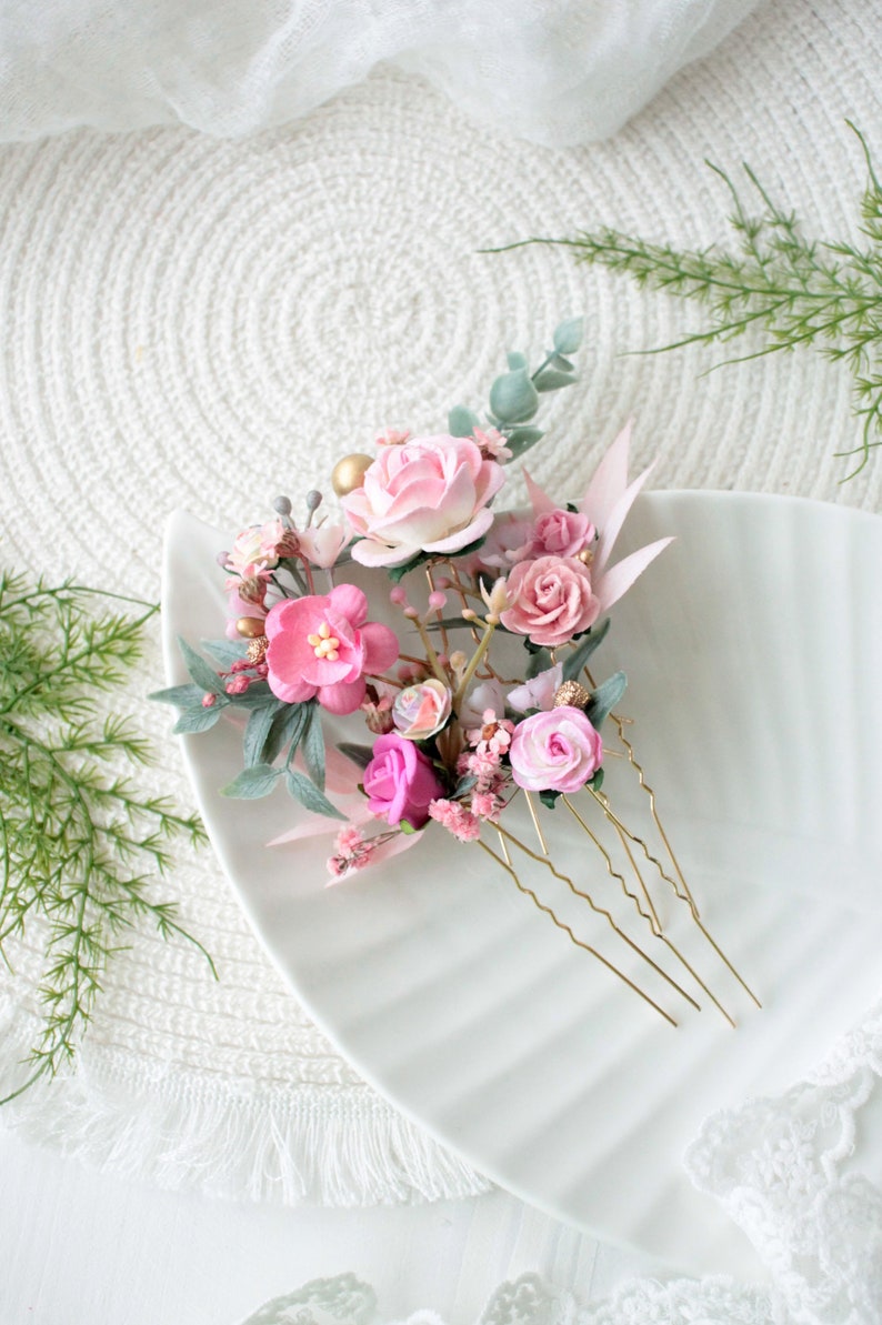 Set of 5 hair pins,Blush pink floral hair pins,Wedding Pink Flowers,Pink flower hair pins,Wedding hair pieces for bridesmaid image 5