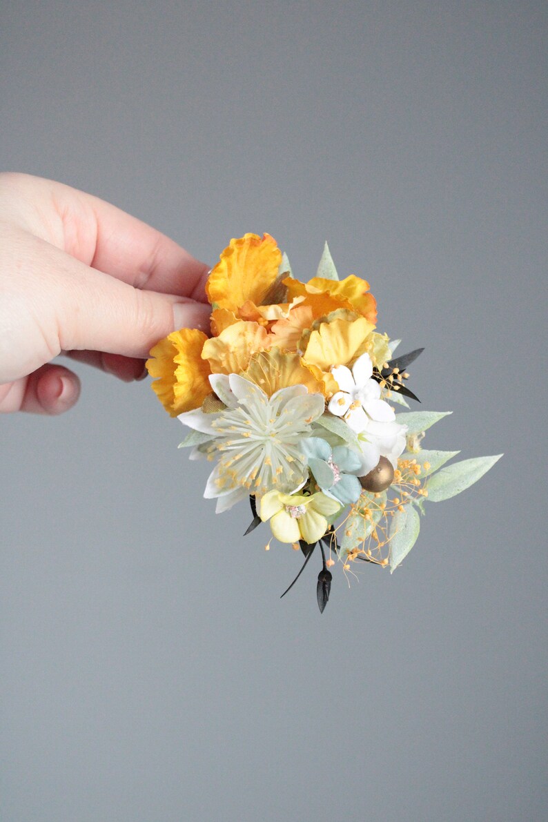 Wedding hair piece,Yellow flower pins,Yellow-blue flower pins,Wedding hair pin,Rustic wedding clip,Rustic wedding pin image 8