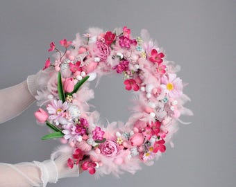 Pink Easter Wreath,Spring Floral Door Decor with Feathers
