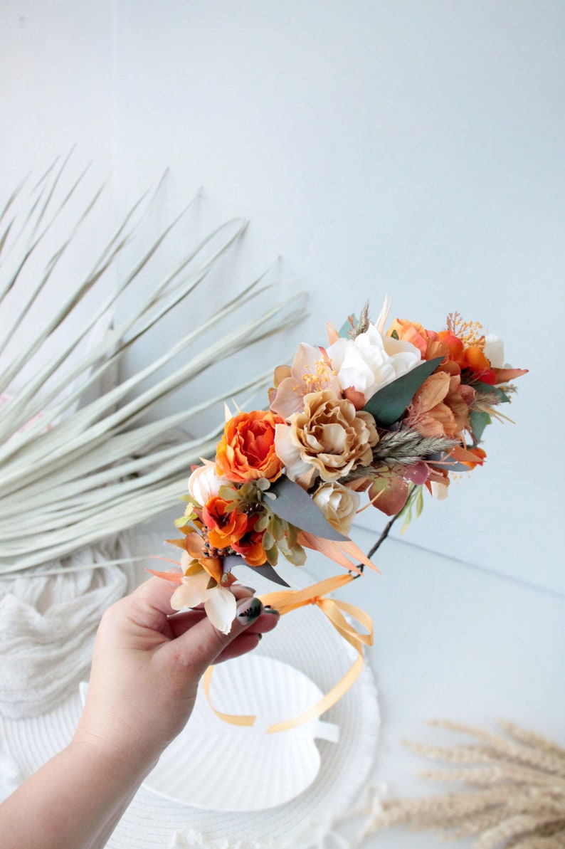 Burnt orange rust floral comb,Orange brown comb,Bridal hair piece,Hair comb,Fall wedding,beige-orange flower comb,flower comb boho image 3