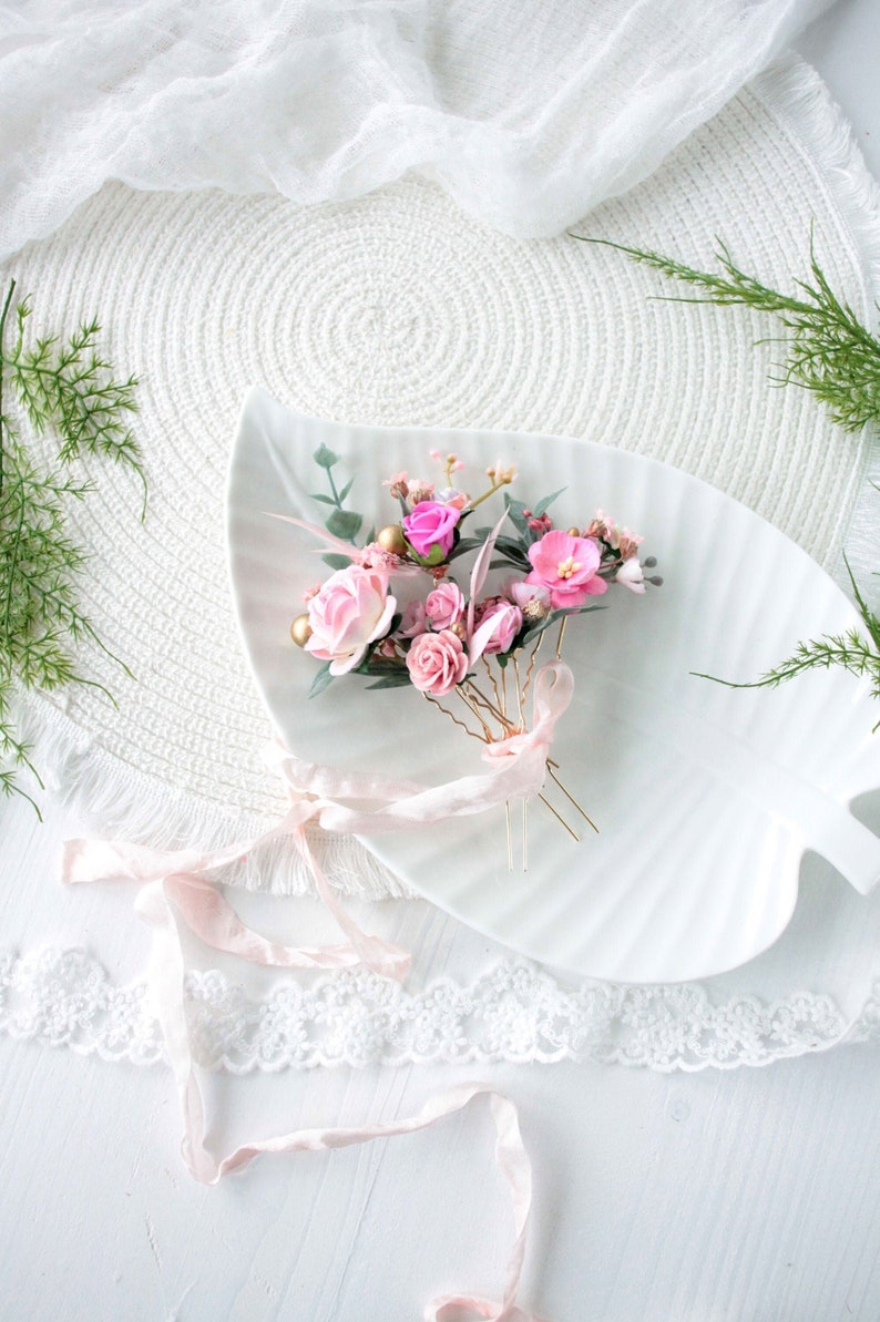 Set of 5 hair pins,Blush pink floral hair pins,Wedding Pink Flowers,Pink flower hair pins,Wedding hair pieces for bridesmaid image 1