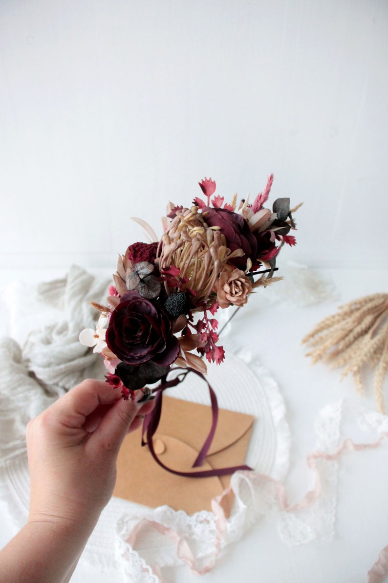 Dusty pink burgundy flower crown,Burgundy blush pink crown ,Maroon wedding,Boho wedding,Bridal flower crown, image 5