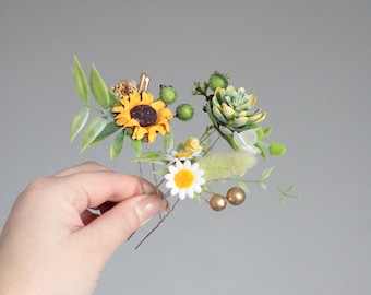 Rustic yellow flower crown,Hair pins with greens,Hair pins Rustic,Wedding flower crown,Flower girl crown,Wedding crown