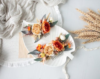 バーントオレンジの花柄ヘアコーム、ボヘミアン秋ウェディングヘアピース