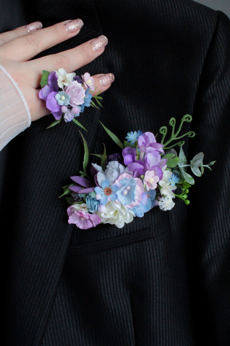 Boutonnière de poche, fleur violette mauve, boutonnière de verdure, marié, garçons d'honneur, bague à fleurs, accessoires de mariage Boho, boutonnière pour hommes image 1