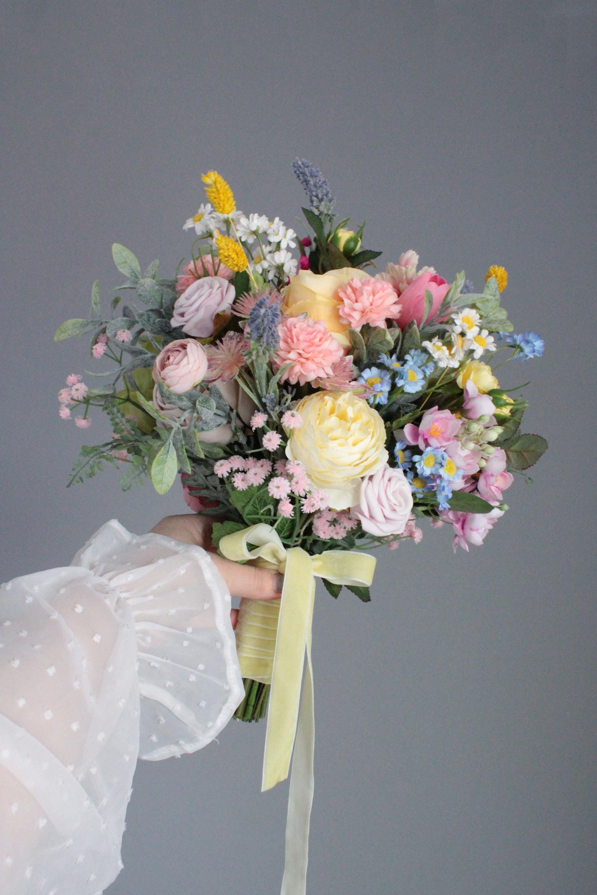 Wildflower Bridal Bouquet Dusty Pink Yellow Wildflower Bridal Bouquet Dusty Pink Yellow