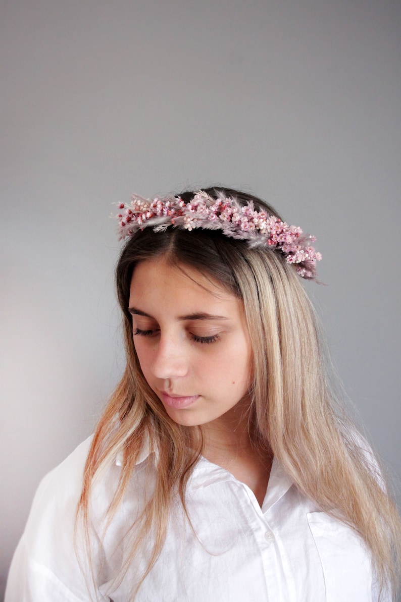 Pink Dry Flower Crownboho Wedding Flower Girl Crown Etsy