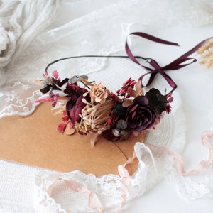 Dusty pink burgundy flower crown,Burgundy blush pink crown ,Maroon wedding,Boho wedding,Bridal flower crown, image 2